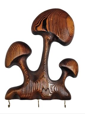 Vtg 70s Hand Carved Wood Mushroom Wall Art MCM Brutalist Sculptural Decor Hooks